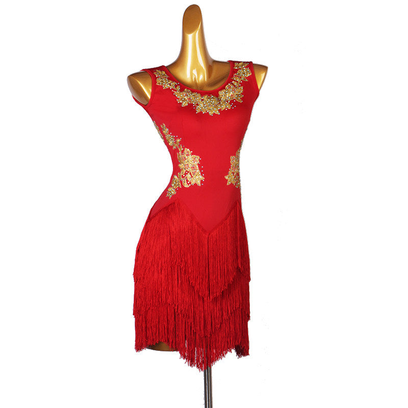 Red gold lace latin dance dress angled view showing the shoulder appliques