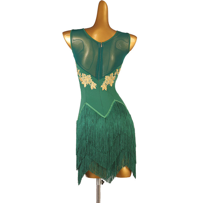 Green latin dance dress with gold lace appliques and tiered fringe