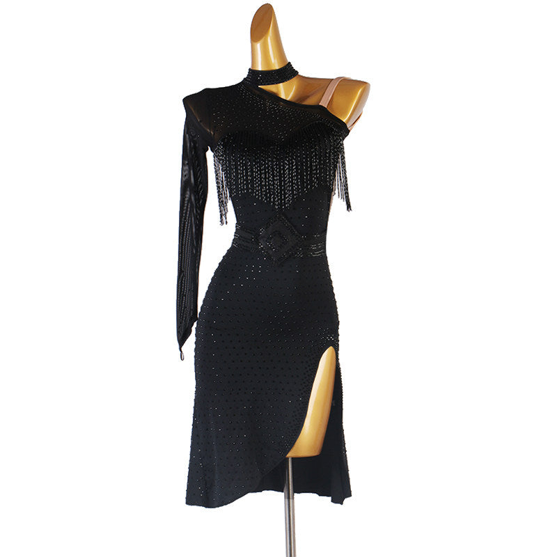 Black beaded fringe latin dance dress side view showing the one long sleeve