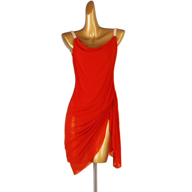 Red latin dance dress with draped cowl neckline and open side hem