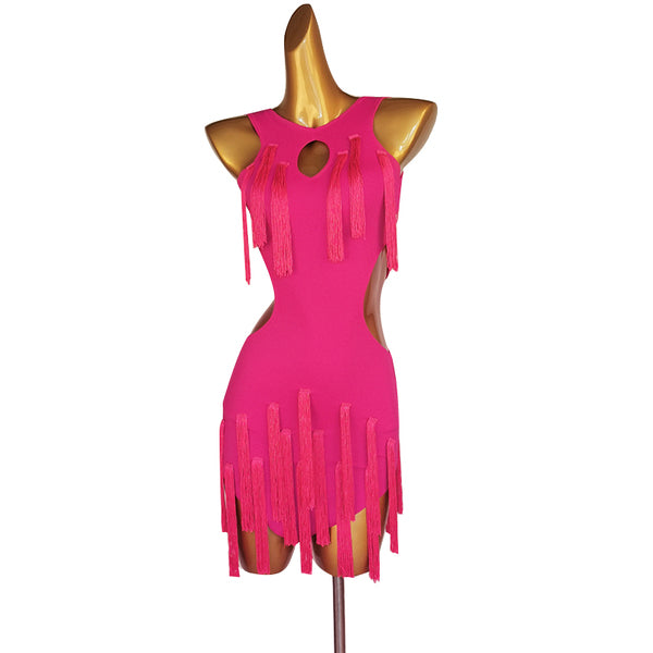 Rose pink latin dance dress with keyhole neckline fringe and ragged strip hem