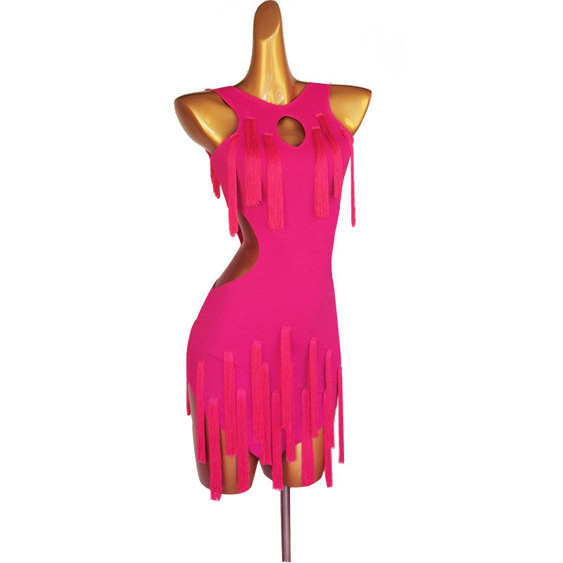 Rose pink latin dance dress angled view showing the side waist cutouts