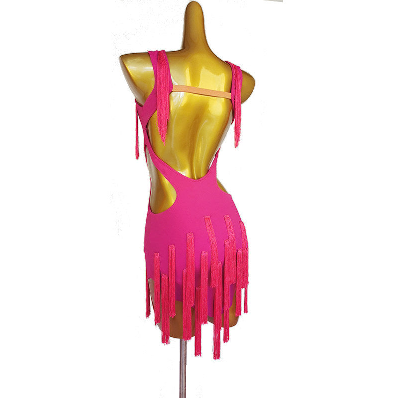 Rose pink latin dance dress rear view with the open back and ragged hem