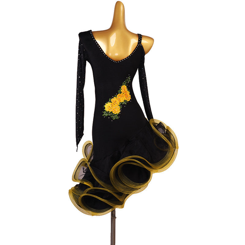 Black yellow rose latin dance dress rear view with the organza hem