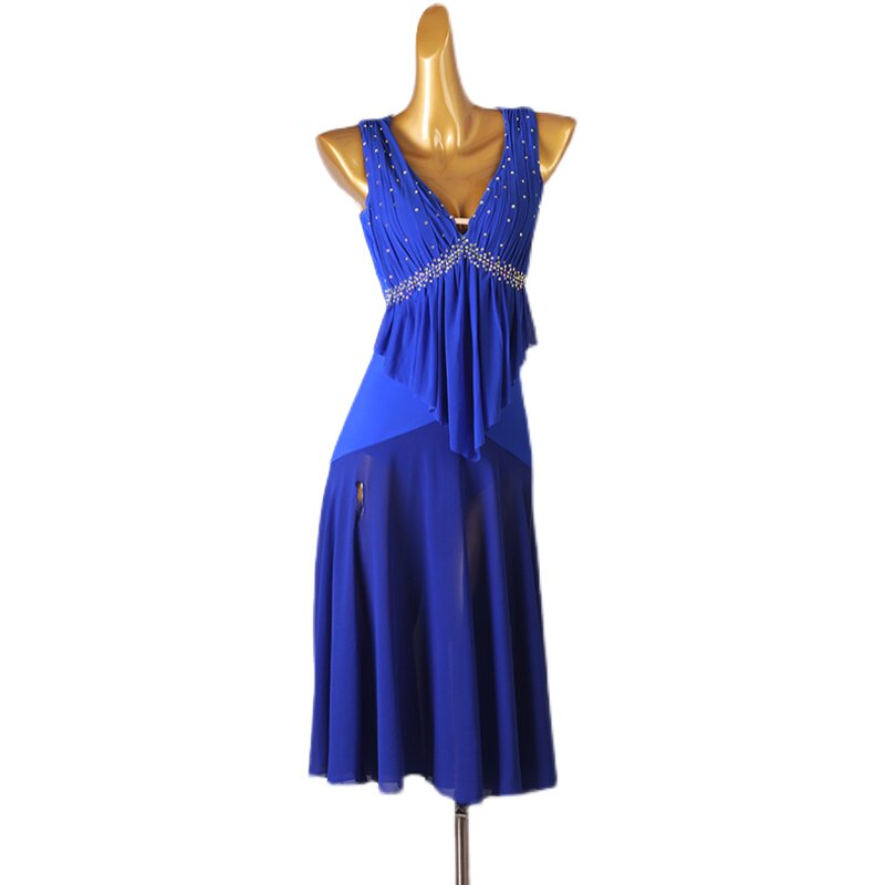 Blue latin dance dress with crystal yoke and long godet panelled skirt