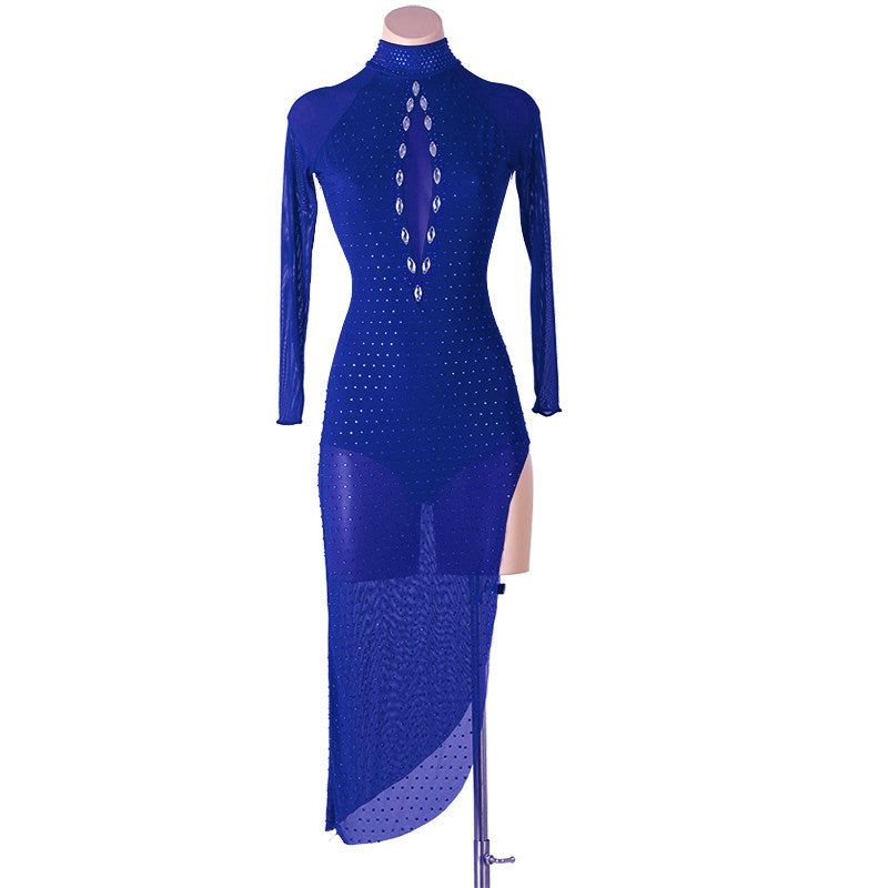 Blue latin dance dress with crystal buttons and sheer mesh skirt