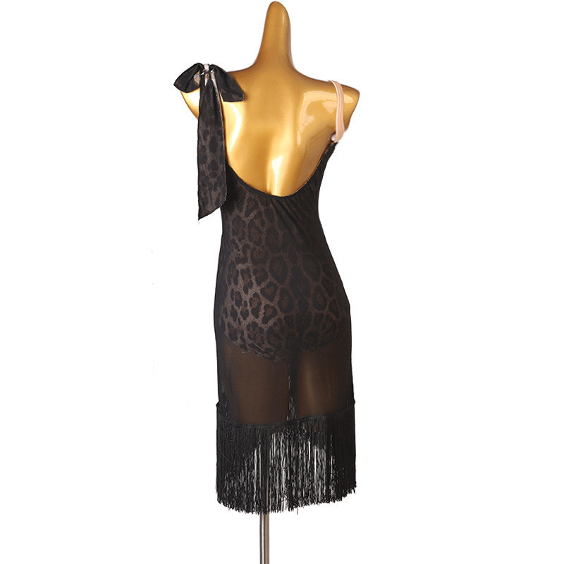 Sheer leopard mesh latin dance dress rear view with the shoulder tie