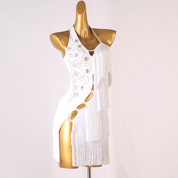 White latin dance dress with ladder cutouts up one side and stone scroll chest