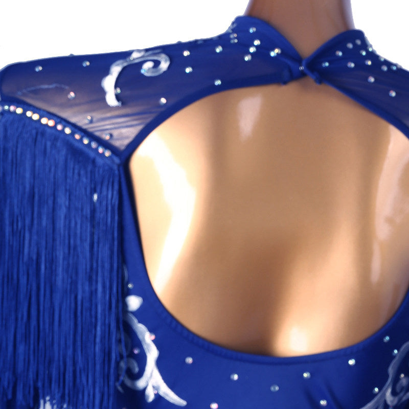 Blue latin dance dress rear view showing the open back and stoned collar