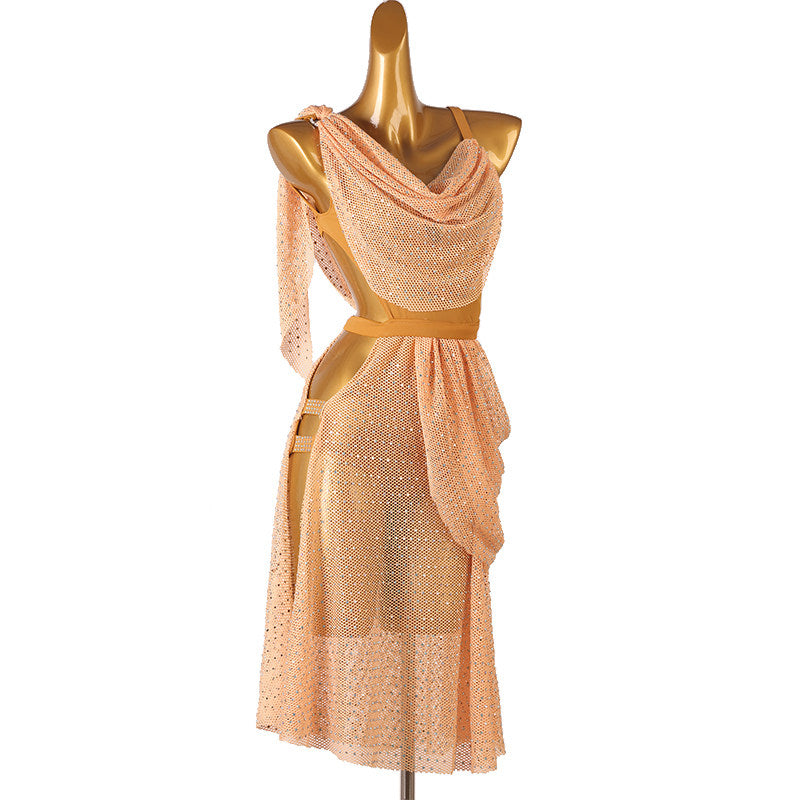 Apricot stone set mesh latin dance dress with cowl neckline drape