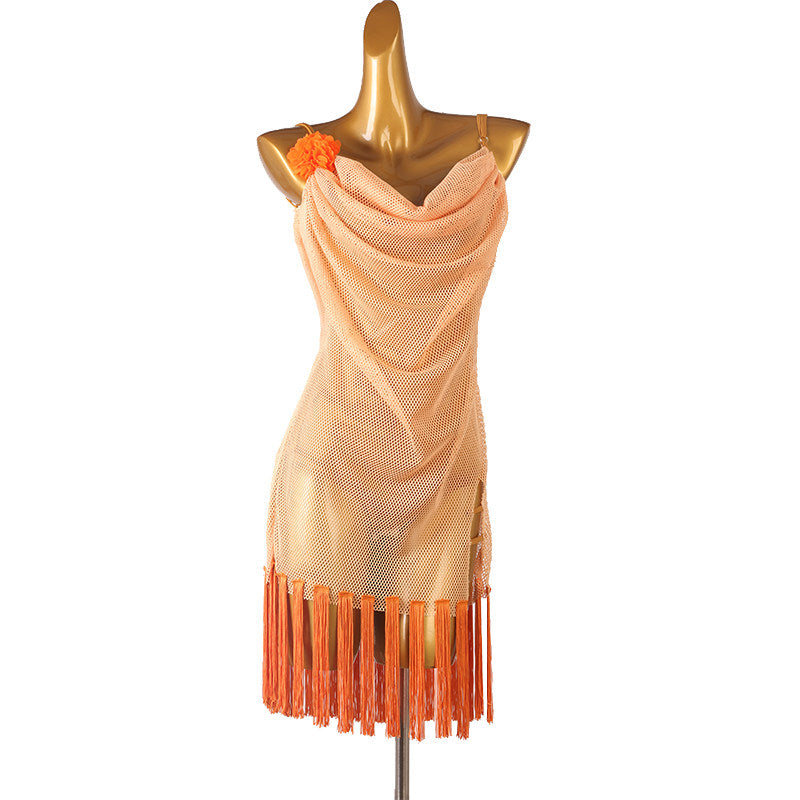 Apricot mesh latin dance dress angled view showing the fringe hem band