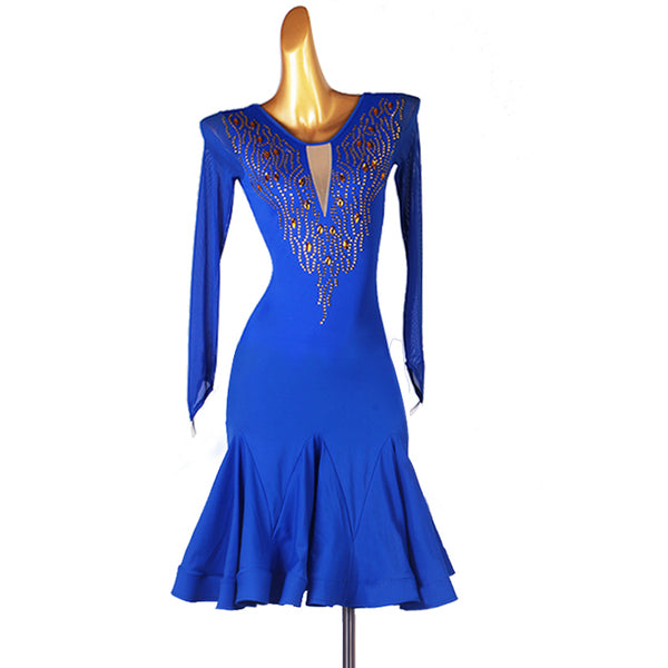 Blue latin dance dress with amber stone spread and nude mesh keyhole neckline