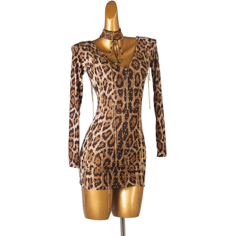Leopard print latin dance dress angled view showing the fitted mini skirt