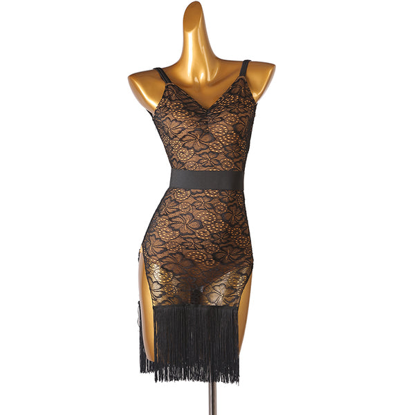 Black floral lace latin dance dress with sheer waist band and fringe hem