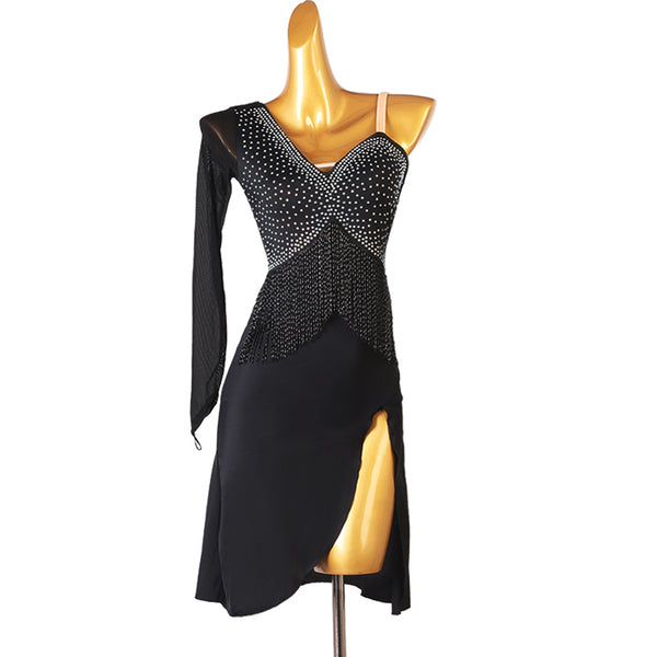 Black latin dance dress with crossed bead fringe panels and stone bust band