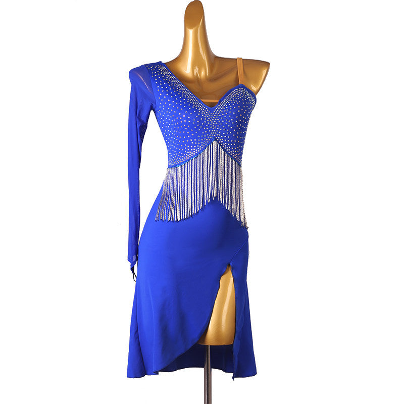 Blue latin dance dress with crossed bead fringe and stone bust band