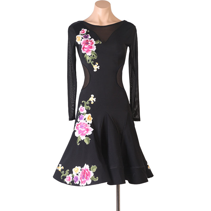 Black peony embroidery latin dance dress angled view showing the fluted hem