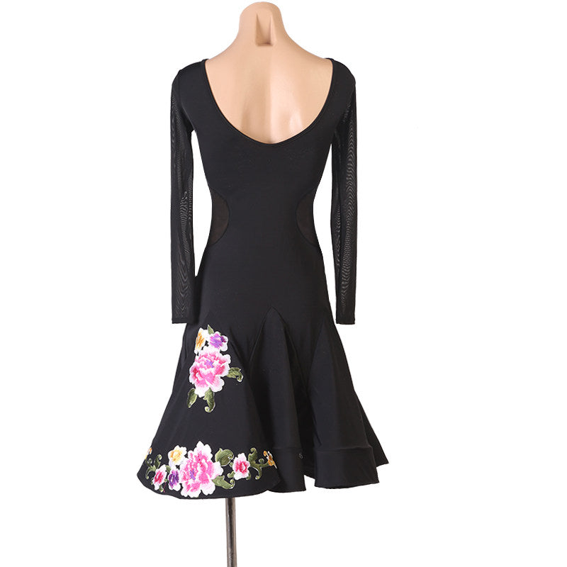 Black peony embroidery latin dance dress rear view showing the low back