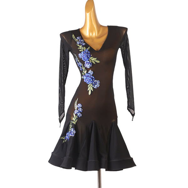 Sheer black latin dance dress with blue rose embroidery and fringe sleeves