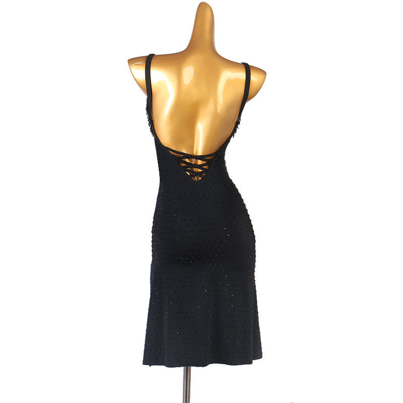 Black bugle bead latin dance dress rear view showing the cord laced back