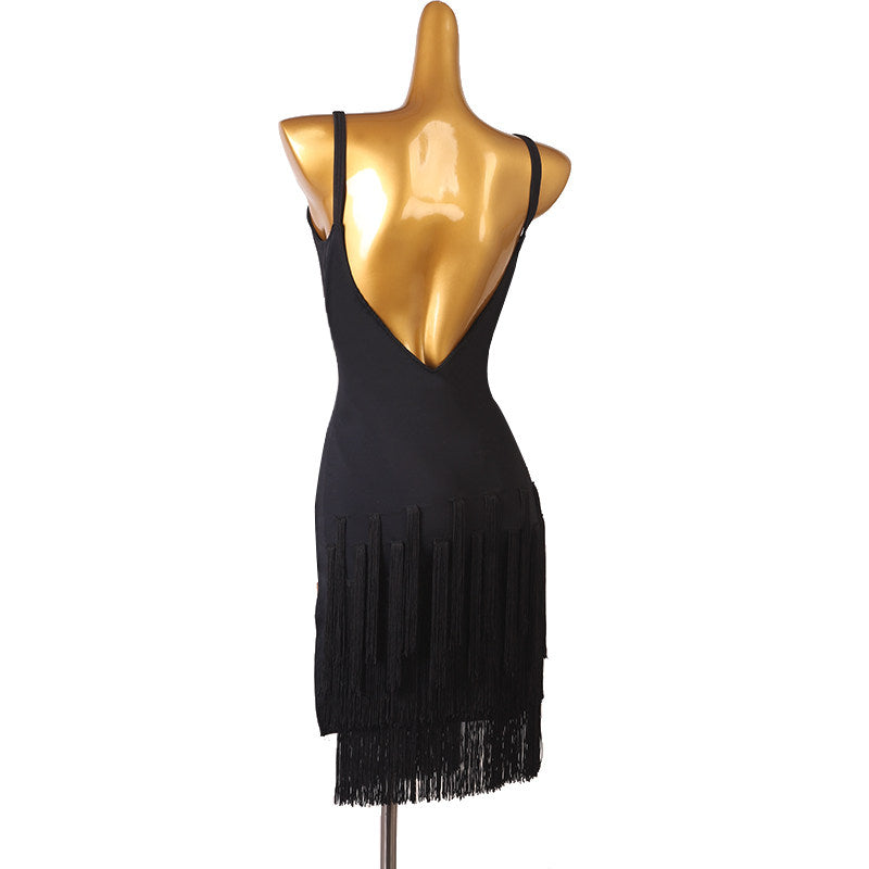 Black strap cutout latin dance dress rear view showing the deep open back