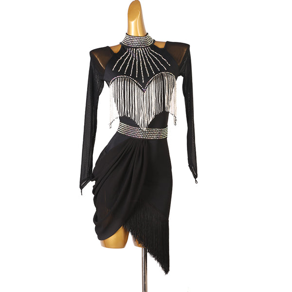 Black latin dance dress with silver bead fringe cape and stone waist belt