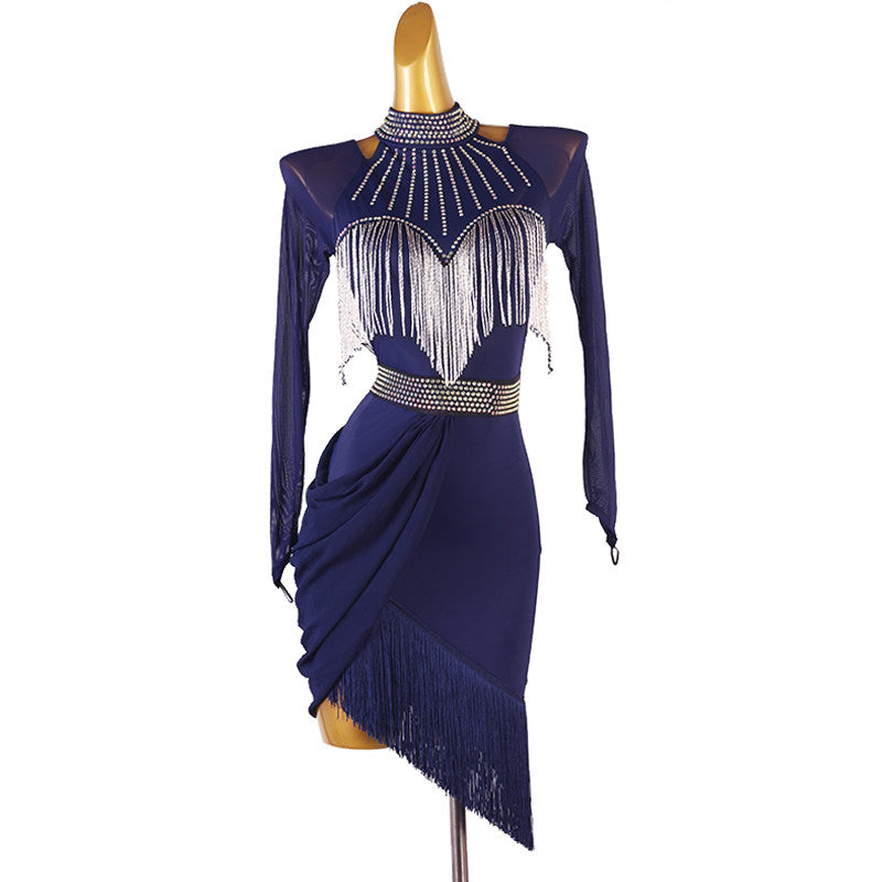 Navy latin dance dress with silver bead fringe cape and draped skirt