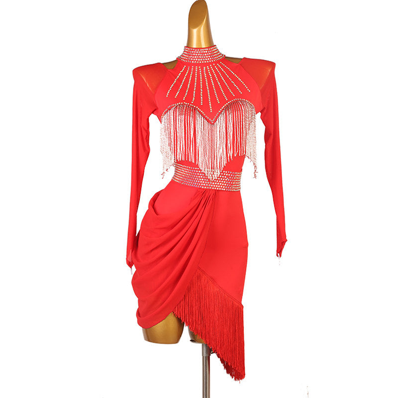 Red latin dance dress with silver bead fringe cape and stone belt