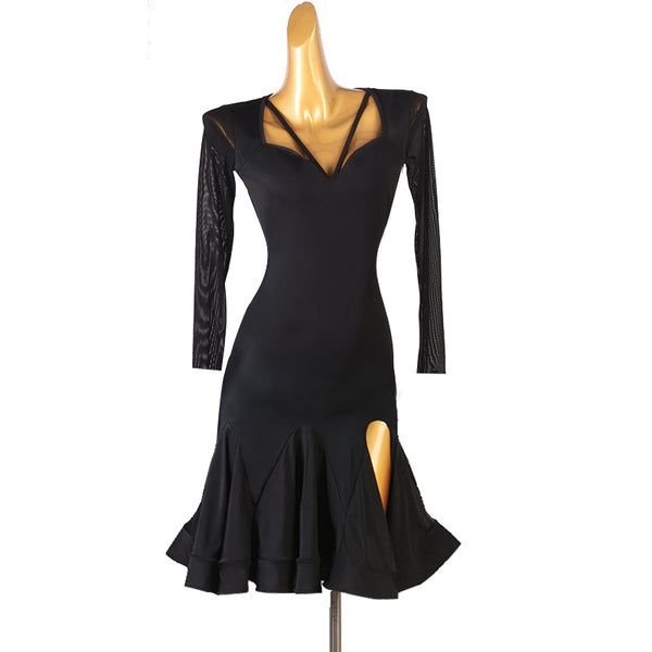Black latin dance dress with crossed strap sweetheart neckline and fluted hem