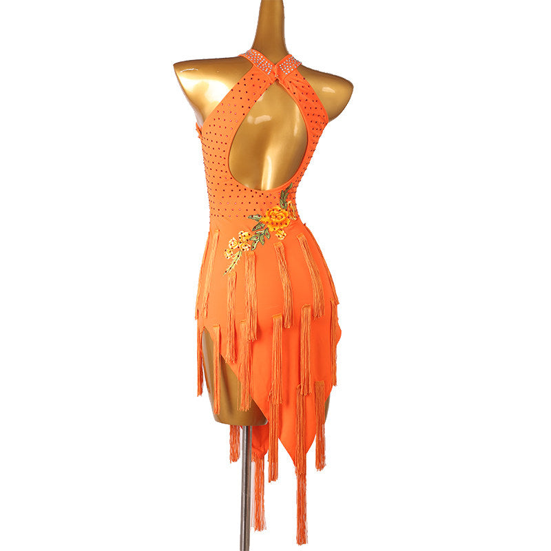 Orange floral applique latin dance dress rear view showing the open back