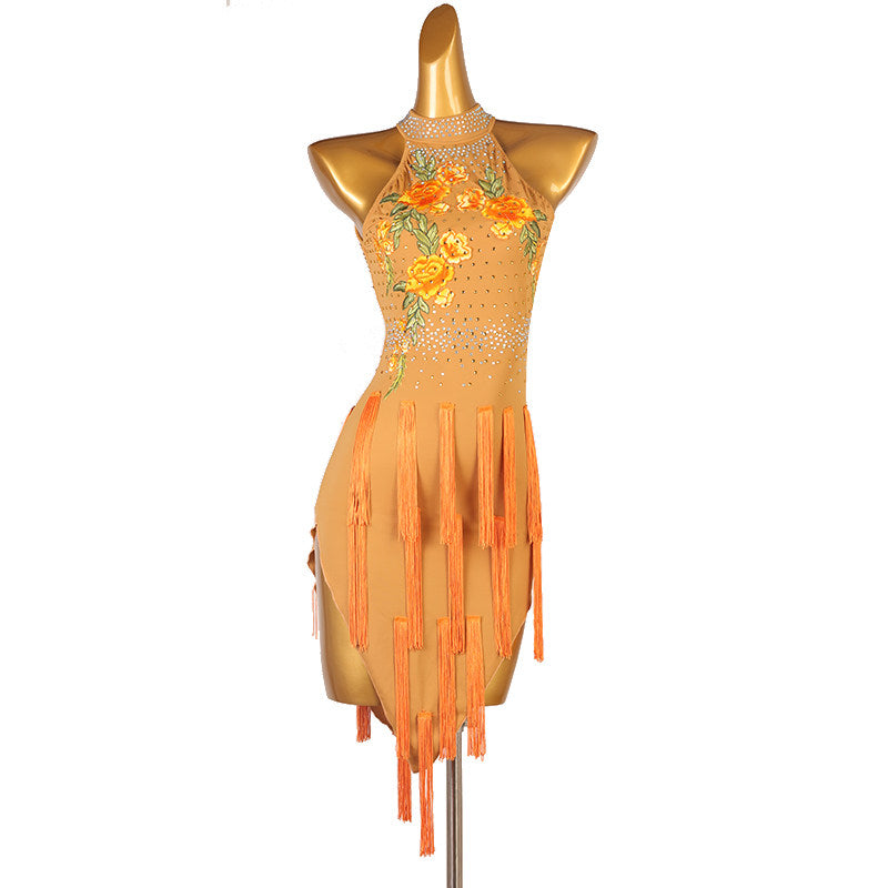 Orange floral applique latin dance dress angled view with the ribbon strips