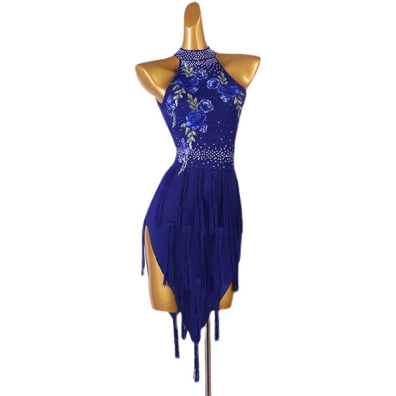 Navy floral applique latin dance dress rear view with the ribbon fringe