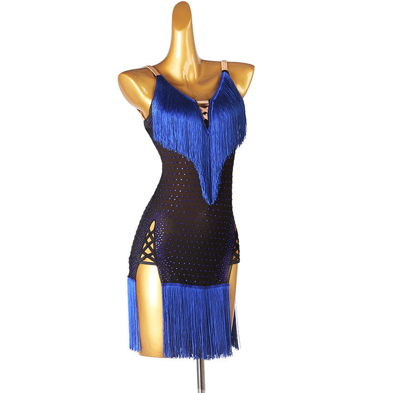 Blue fringe yoke latin dance dress front view with the fringe hem