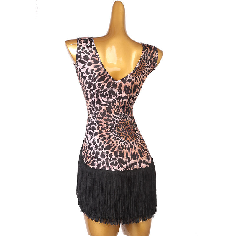 Leopard print latin dance dress rear view showing the scooped back above the fringe