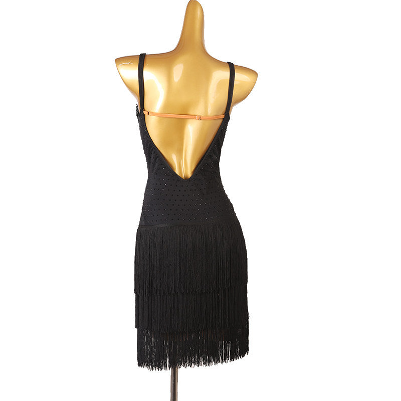 Black bead fringe latin dance dress side view with the strap cutouts