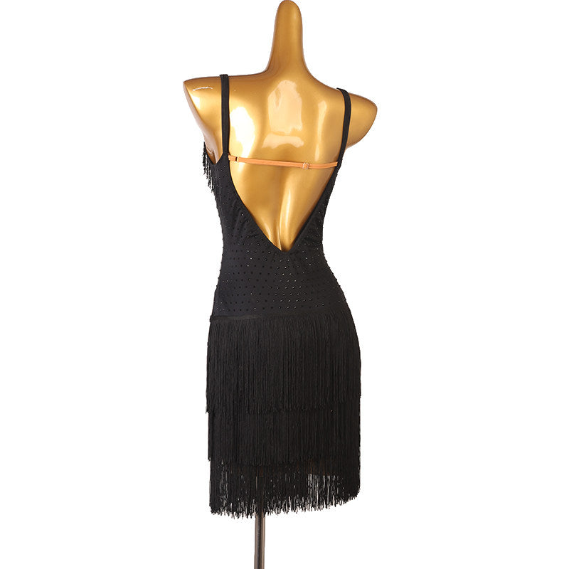 Black bead fringe latin dance dress rear view showing the deep open back