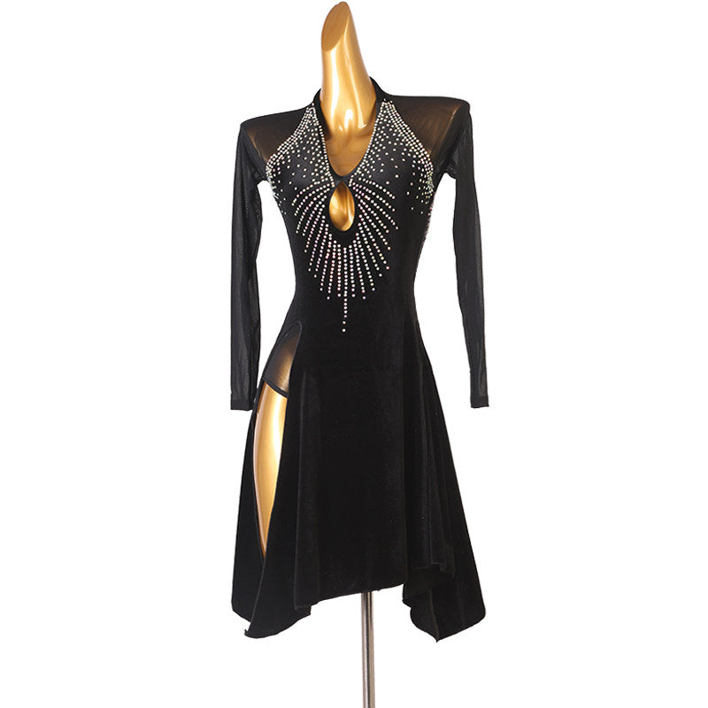 Black stone ray latin dance dress angled view with the high front slit