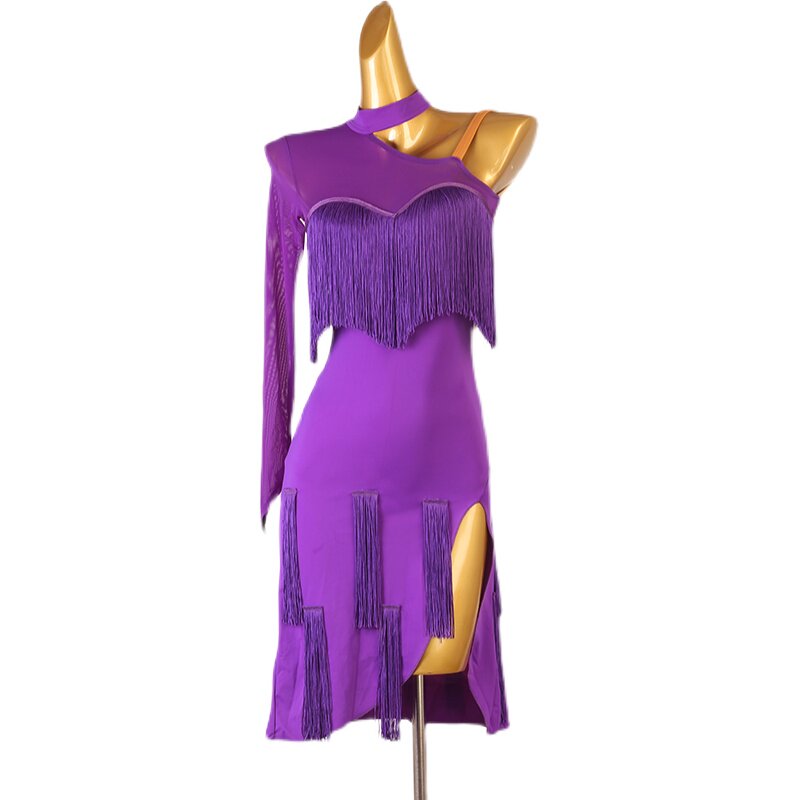 Purple fringe latin dance dress side view showing the cold shoulder cutout