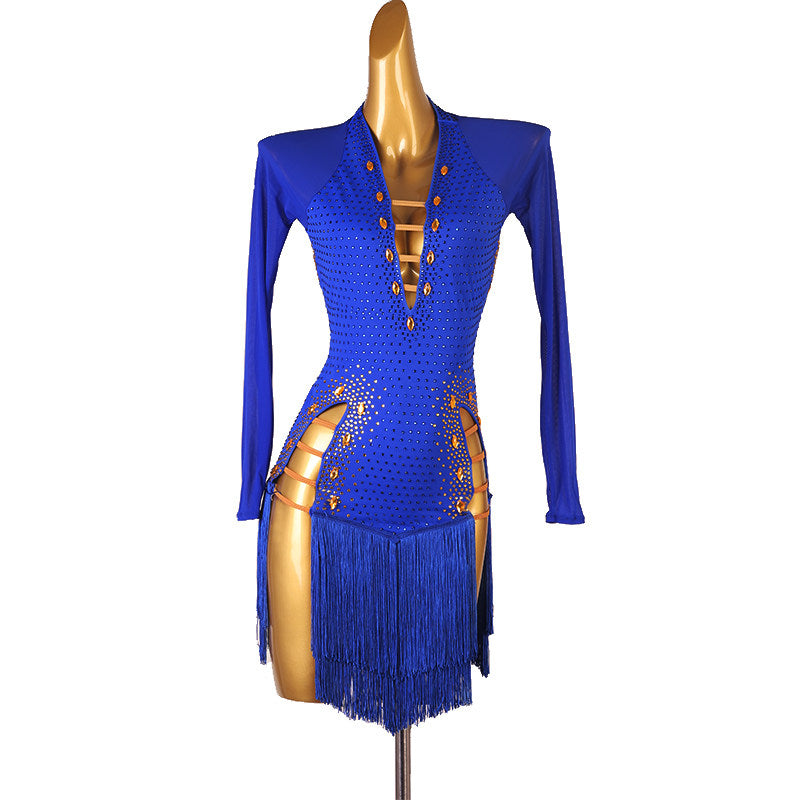 Blue latin dance dress with gold studwork and ladder cut skirt