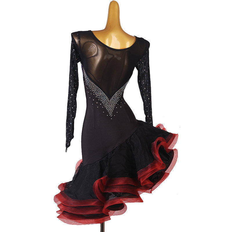Black crystal drape latin dance dress with black organza ruffle layers
