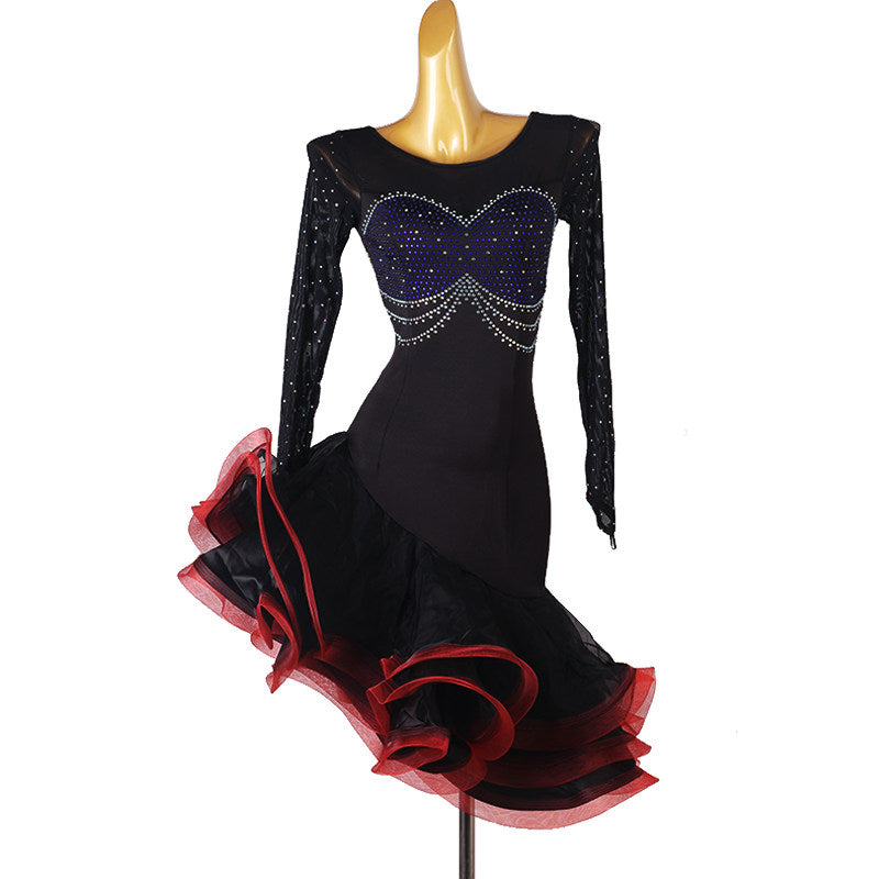 Black crystal drape latin dance dress angled view showing the ruffle depth