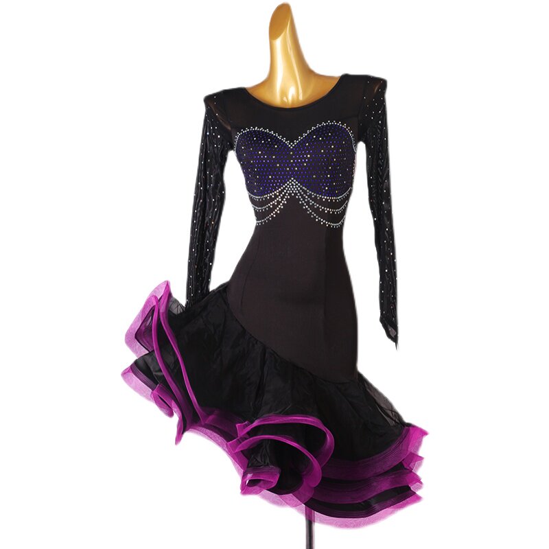 Black crystal drape latin dance dress side view with the rose ruffle layers