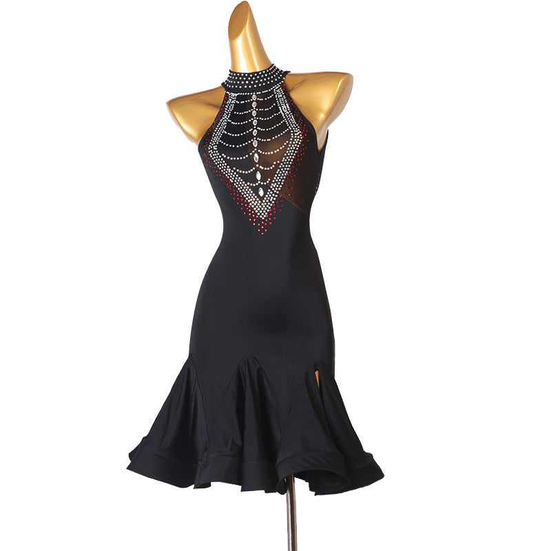 Black crystal bib latin dance dress angled view with the fluted hem