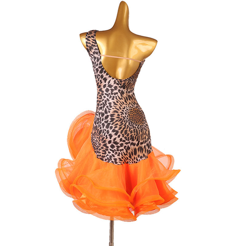 Leopard print latin dance dress rear view showing the bare shoulder