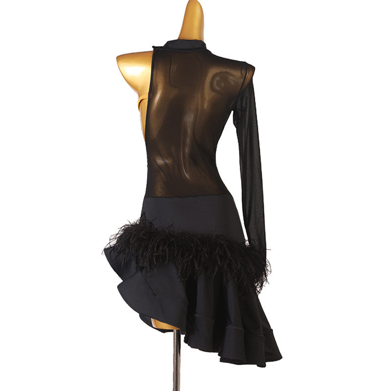Black feather hem latin dance dress rear view showing the mesh back