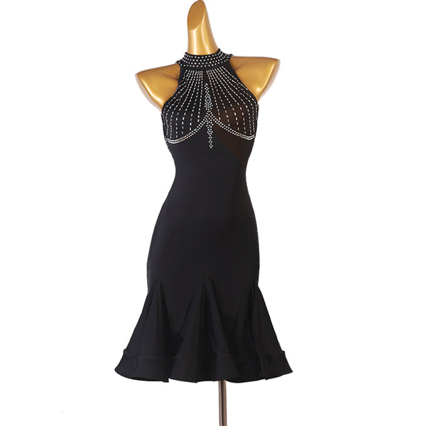 Black latin dance dress with a crystal web bib over sheer mesh shoulders