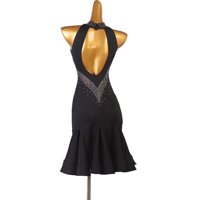 Black crystal web latin dance dress rear view showing the stoned back