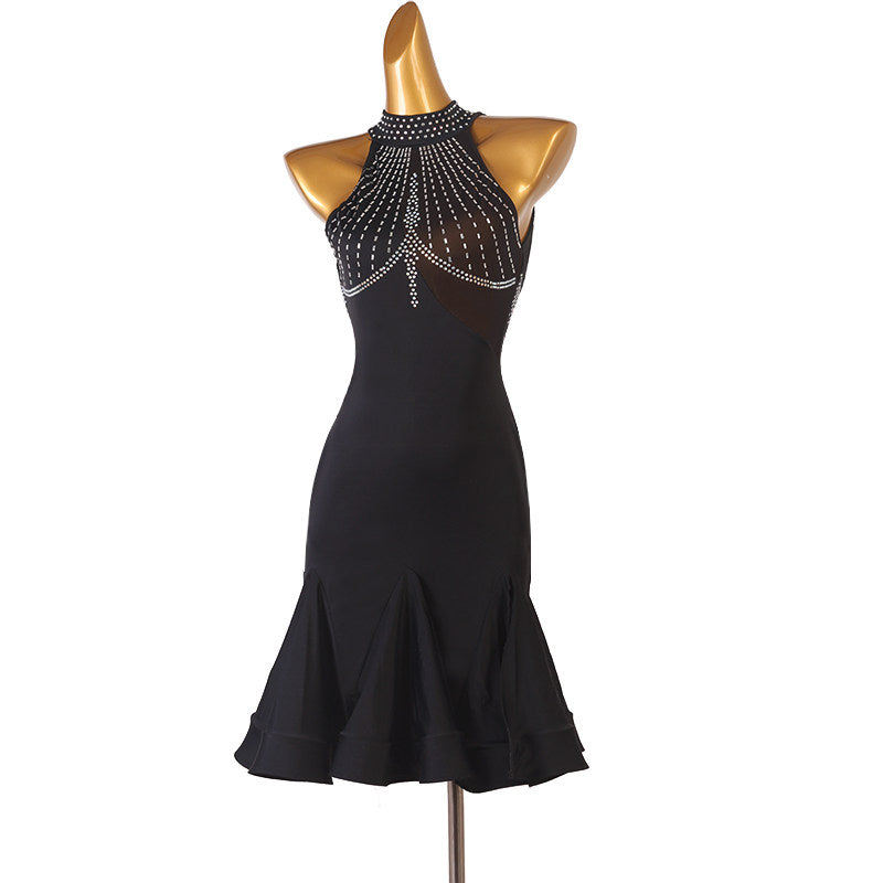 Black crystal web latin dance dress angled view with the fluted hem