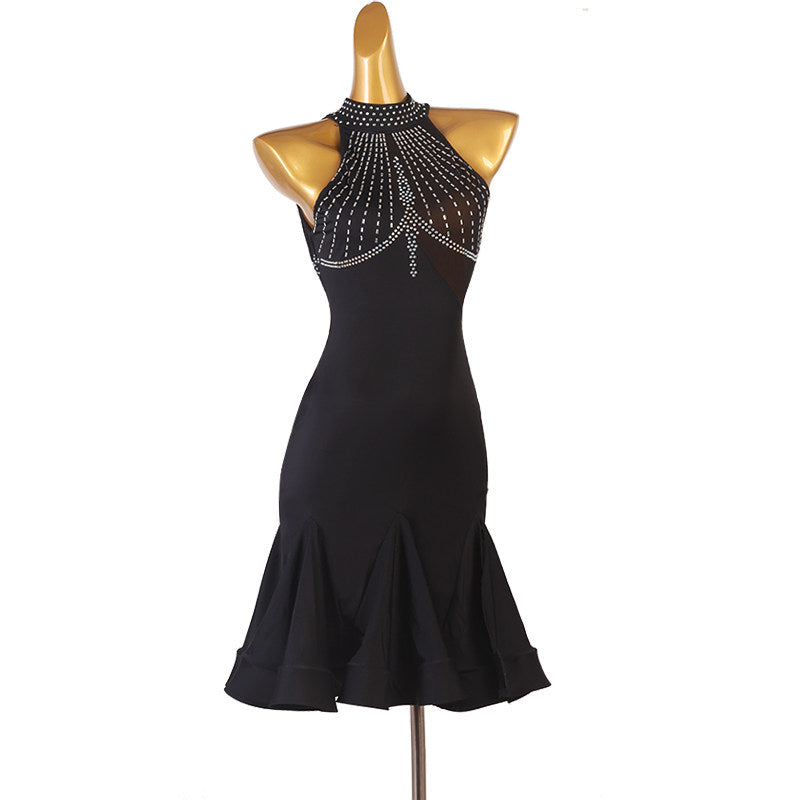 Black crystal web latin dance dress side view showing the collar band