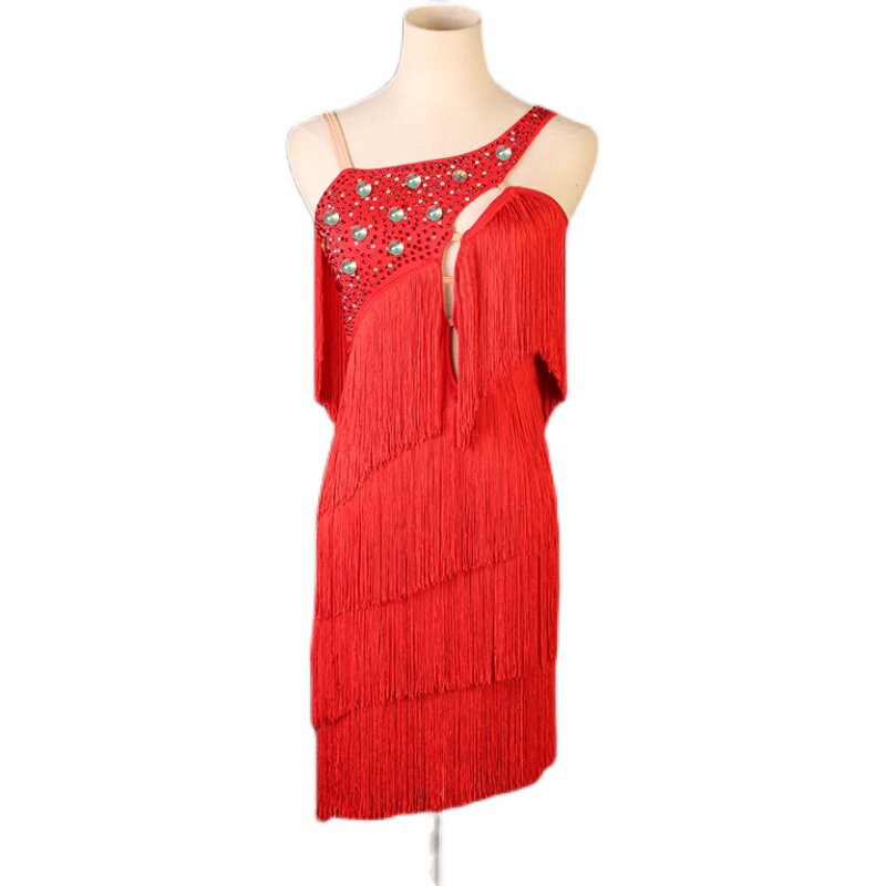 Red tiered fringe latin dance dress front view showing the strap detail